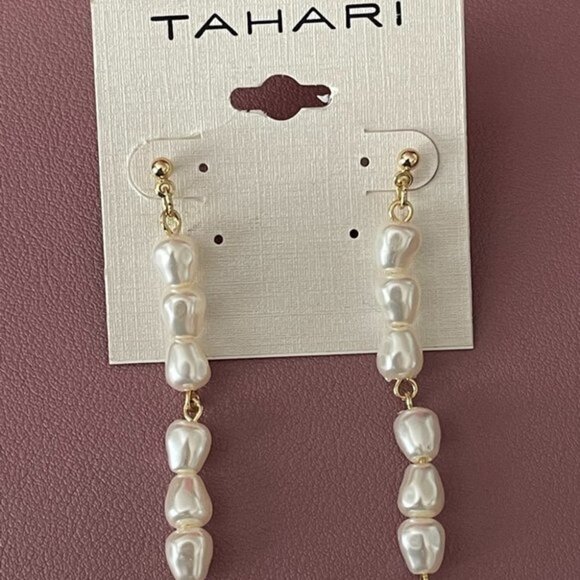 Tahara White Faux Pearl Gold-Tone Linear Earrings - Picture 2 of 3